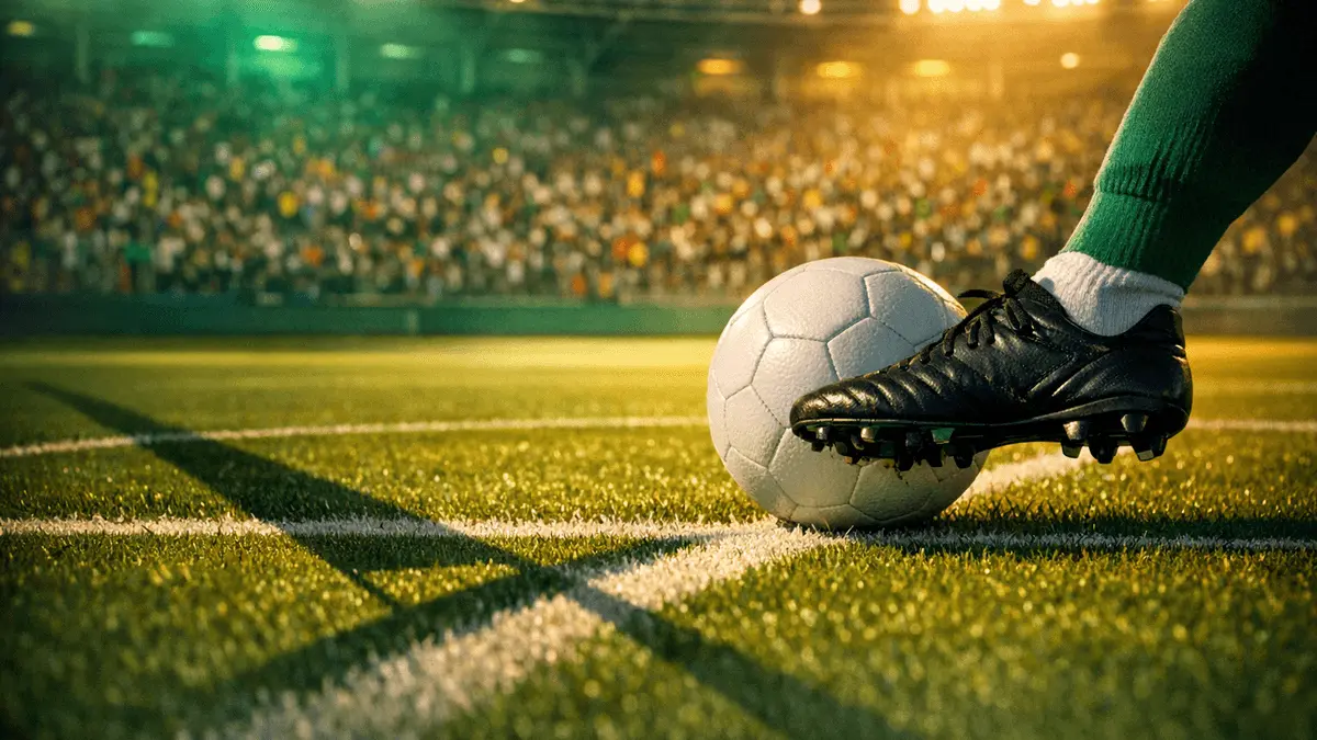 Senegal-themed stadium scene with floodlit pitch, football boot striking ball, emerald and gold lighting, evening kickoff atmosphere