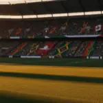 Floodlit World Cup stadium at golden hour with South African and Canadian colours in packed stands above empty pitch.