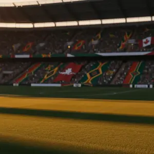 Floodlit World Cup stadium at golden hour with South African and Canadian colours in packed stands above empty pitch.
