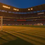 Floodlit stadium pitch at dusk with green and gold lighting, packed stands creating electric match-day atmosphere for World Cup 2026.