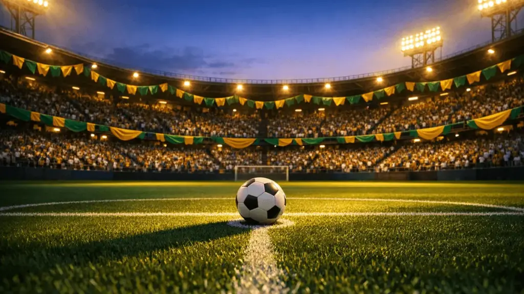 Floodlit stadium at dusk with green and gold bunting, centre-spot football under warm stadium lights