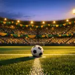 Floodlit stadium at dusk with green and gold bunting, centre-spot football under warm stadium lights