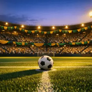 Floodlit stadium at dusk with green and gold bunting, centre-spot football under warm stadium lights