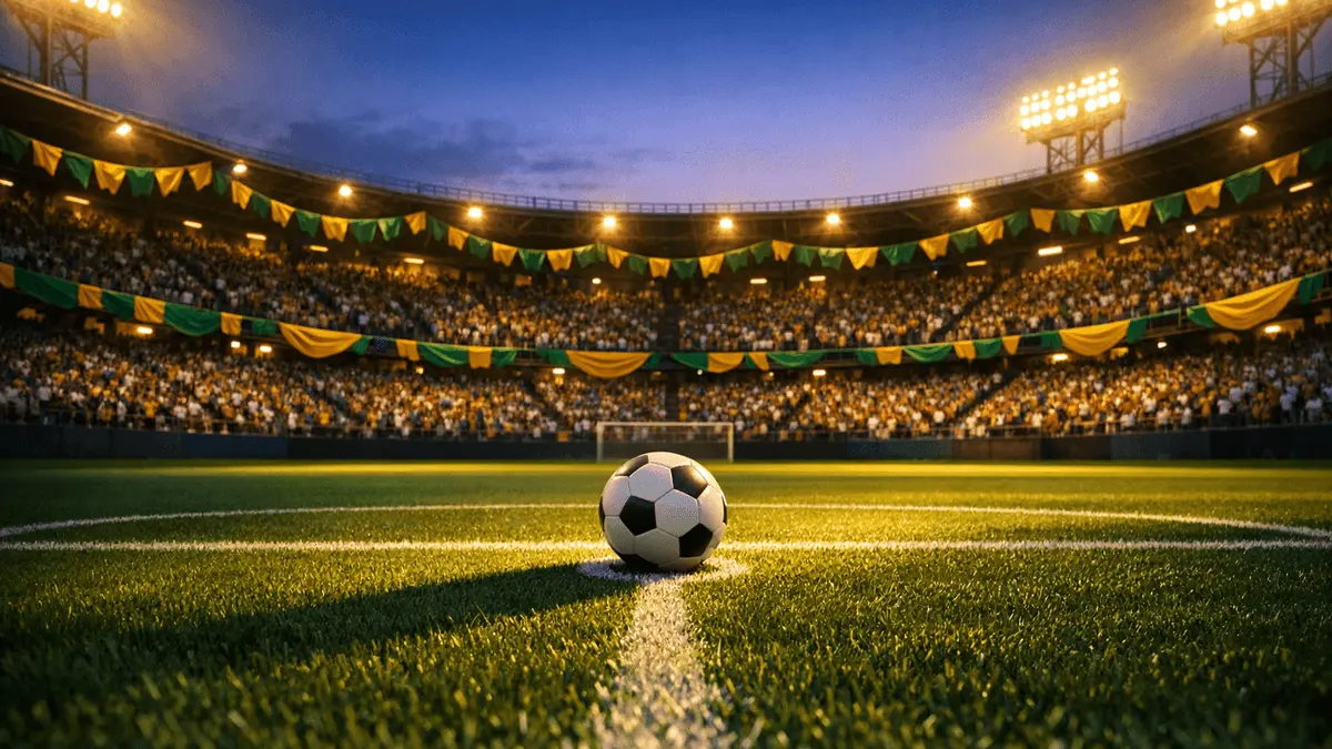 Floodlit stadium at dusk with green and gold bunting, centre-spot football under warm stadium lights