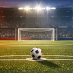 Empty floodlit football pitch at twilight with match ball on penalty spot, dramatic shadows, red and blue flag-colour lighting, stadium anticipation.