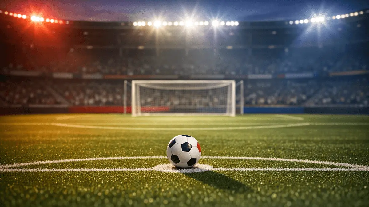 Empty floodlit football pitch at twilight with match ball on penalty spot, dramatic shadows, red and blue flag-colour lighting, stadium anticipation.