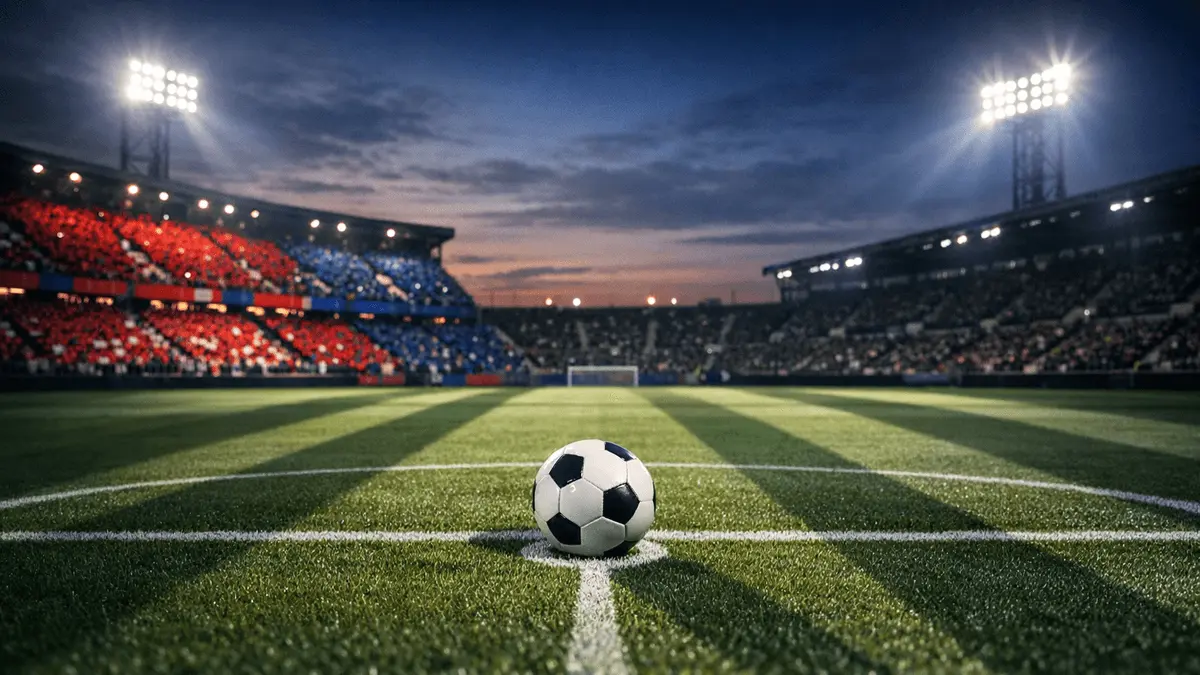 Floodlit stadium pitch at dusk with South Korea national colours in stand sections and football on centre spot.