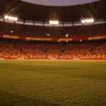 Floodlit stadium pitch at golden hour with red-gold-white atmospheric lighting, packed stands blurred in background, cinematic sports photography aesthetic.