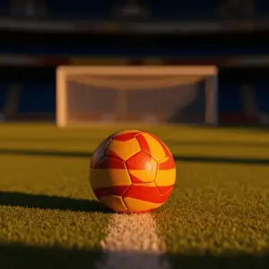 Empty floodlit football pitch at dusk with match ball on centre spot, golden-hour lighting and dramatic shadows.