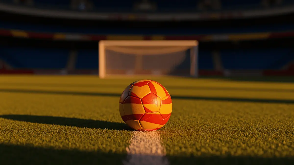Empty floodlit football pitch at dusk with match ball on centre spot, golden-hour lighting and dramatic shadows.