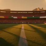 Floodlit World Cup 2026 stadium pitch at golden-hour with packed stands and dramatic shadow patterns across the grass.