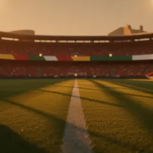 Floodlit World Cup 2026 stadium pitch at golden-hour with packed stands and dramatic shadow patterns across the grass.