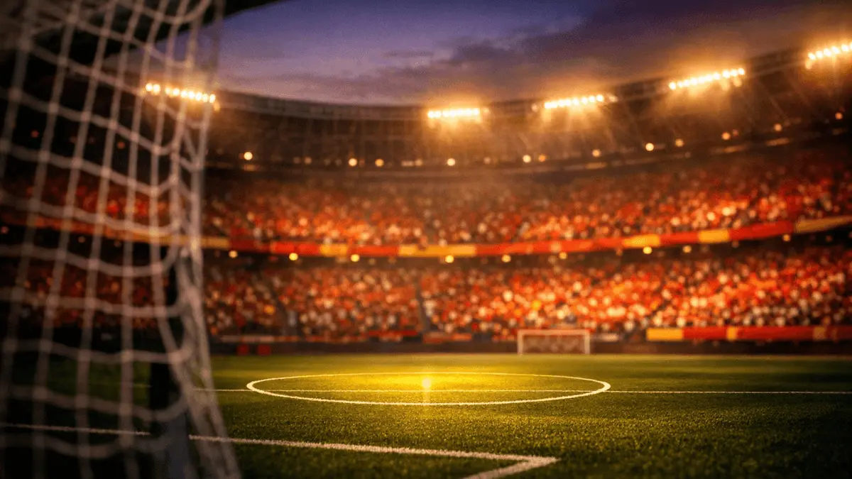 Floodlit stadium pitch in crimson and gold light with billowing goal net and empty centre circle, suggesting Spain's World Cup tournament readiness.