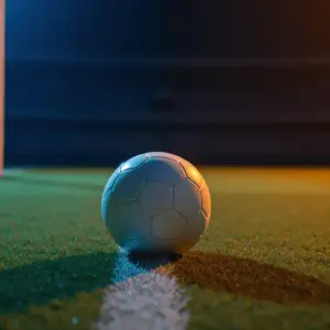 Empty floodlit football pitch at dusk with match ball on penalty spot, blue and amber lighting, dramatic shadows, goal net in foreground.