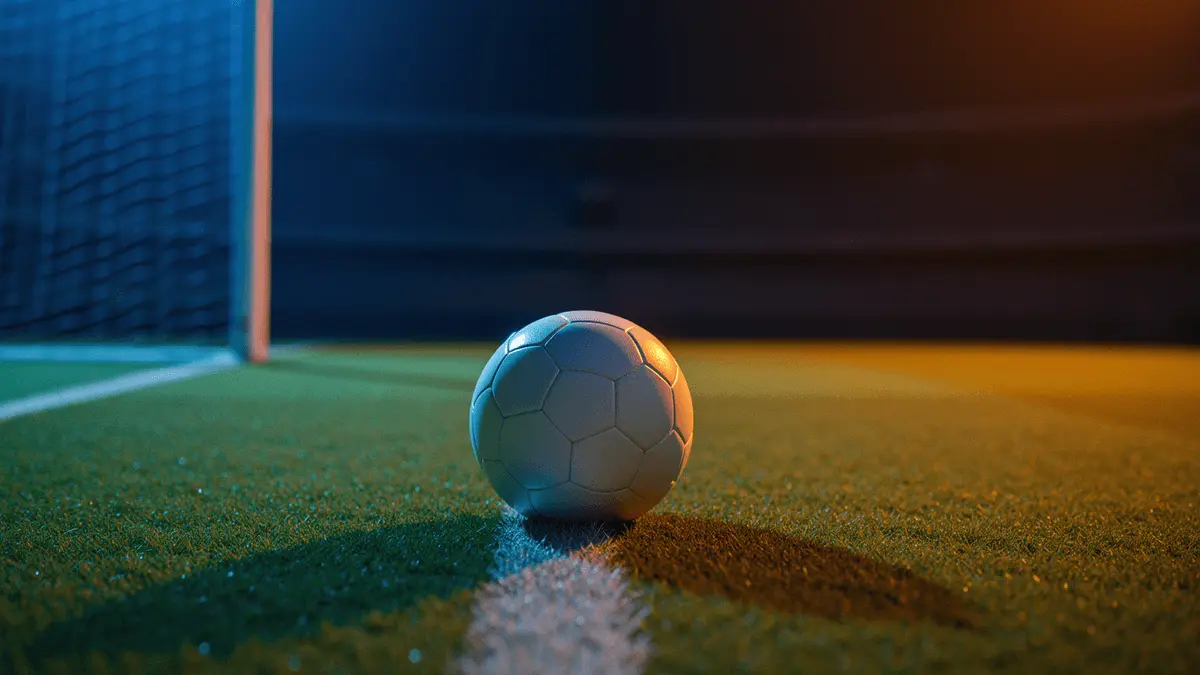 Empty floodlit football pitch at dusk with match ball on penalty spot, blue and amber lighting, dramatic shadows, goal net in foreground.