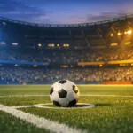 Floodlit football stadium at dusk with blue and gold lighting, ball on centre spot, dramatic pitch geometry and shadow patterns.