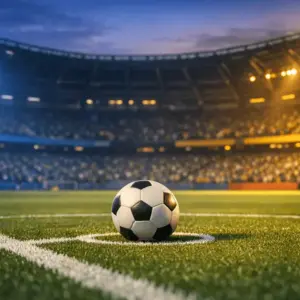 Floodlit football stadium at dusk with blue and gold lighting, ball on centre spot, dramatic pitch geometry and shadow patterns.