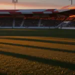 Floodlit stadium pitch with dramatic shadow patterns at golden-hour kickoff, packed stands in background, no people or branding.