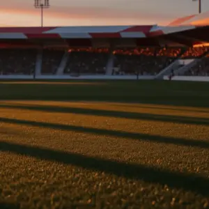 Floodlit stadium pitch with dramatic shadow patterns at golden-hour kickoff, packed stands in background, no people or branding.