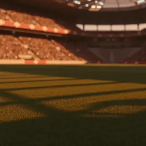 Floodlit international stadium at dusk with packed stands and dramatic pitch shadows, golden-hour World Cup atmosphere.
