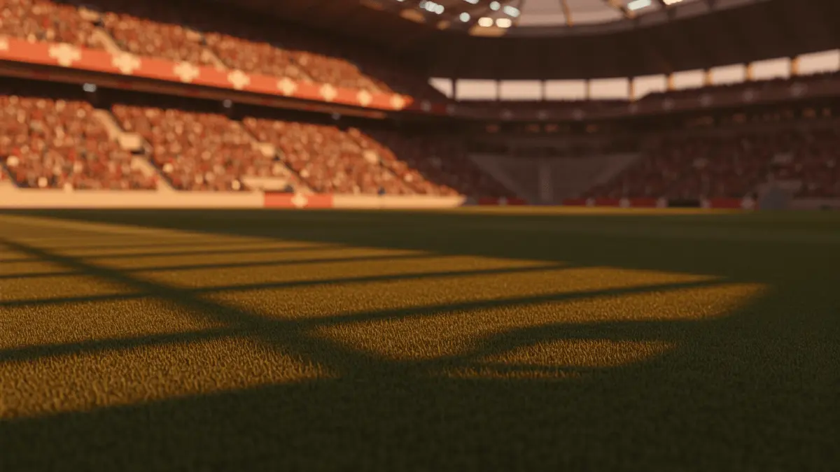 Floodlit international stadium at dusk with packed stands and dramatic pitch shadows, golden-hour World Cup atmosphere.