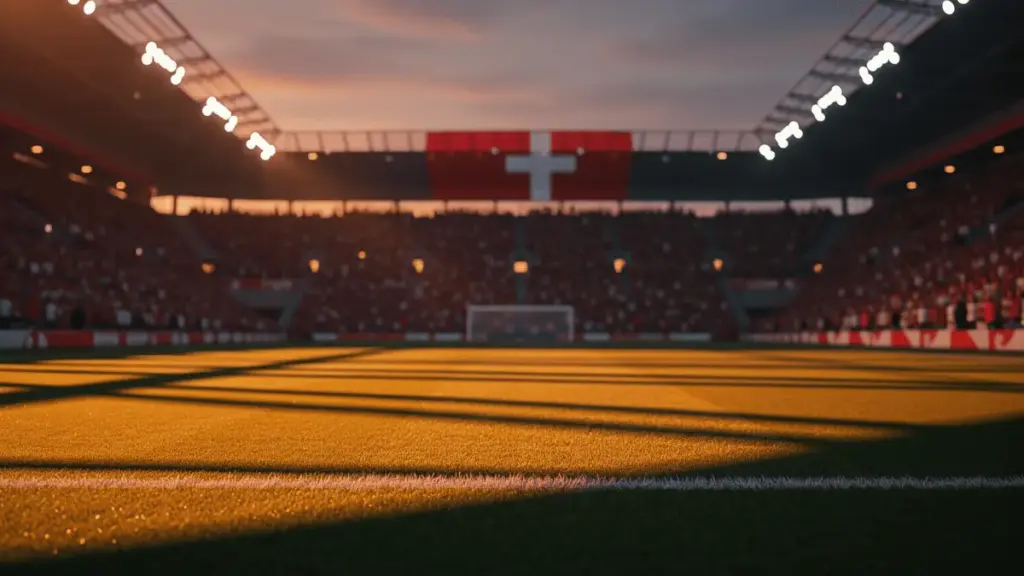 Packed international stadium under floodlights at dusk, geometric pitch shadows, Swiss and Canadian flag colours.