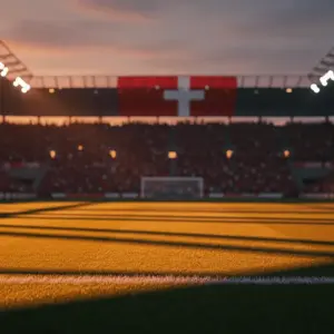 Packed international stadium under floodlights at dusk, geometric pitch shadows, Swiss and Canadian flag colours.