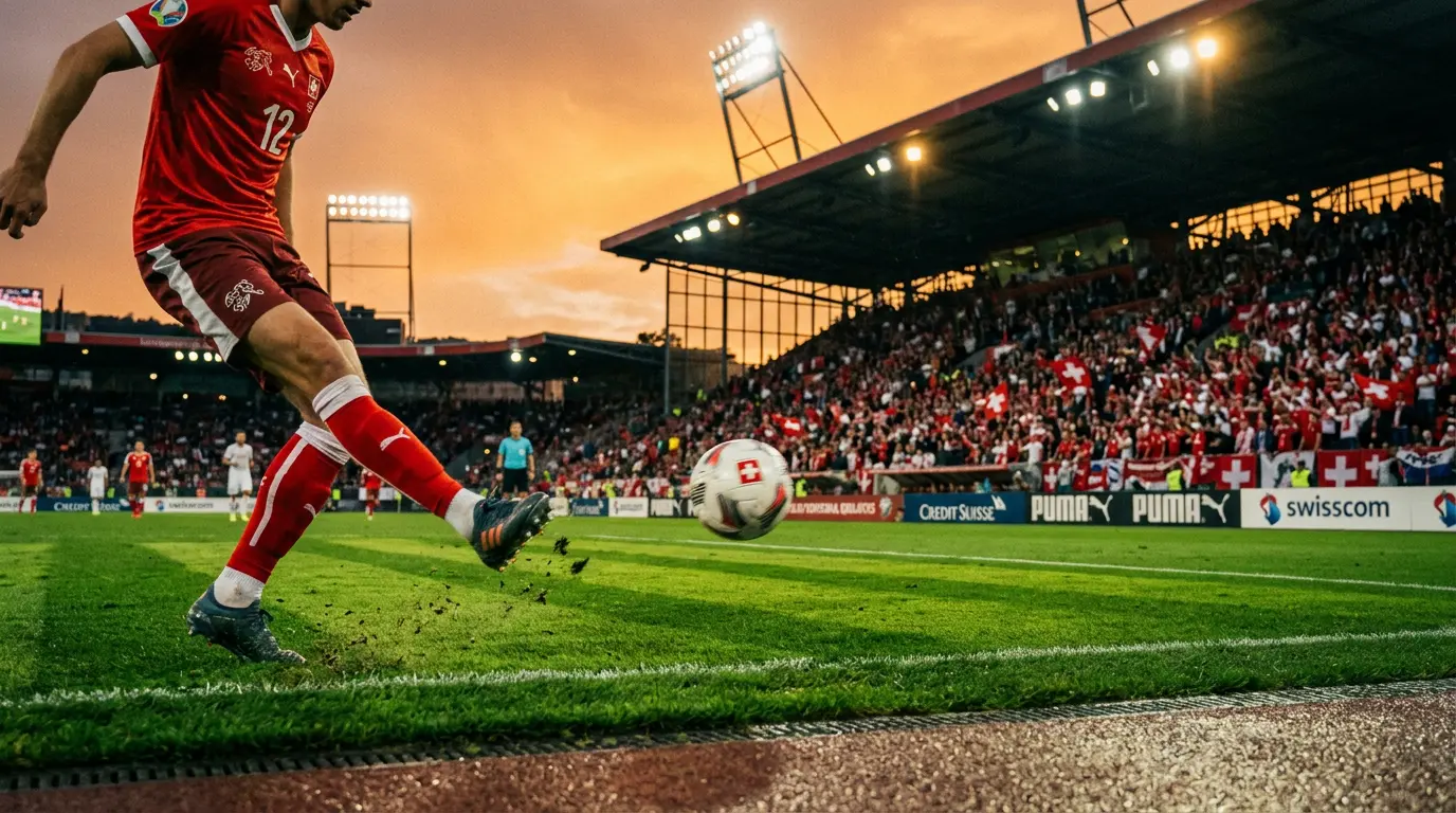 Football player in mid-kick on floodlit stadium pitch with red and white crowd in background during dusk.