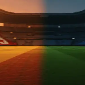 Floodlit stadium pitch at golden-hour kick-off, red-white and orange-blue colour zones, dramatic shadows, empty stands.