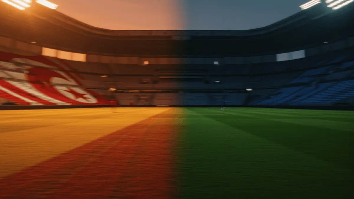 Floodlit stadium pitch at golden-hour kick-off, red-white and orange-blue colour zones, dramatic shadows, empty stands.