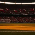 Floodlit football stadium with packed stands, dramatic shadow patterns on pitch, red-white and green-gold flag colours in crowd atmosphere.