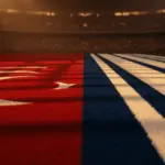Floodlit stadium pitch divided by Turkish red and US blue colours, golden-hour lighting, packed stands in shadow, dramatic sports photography style.