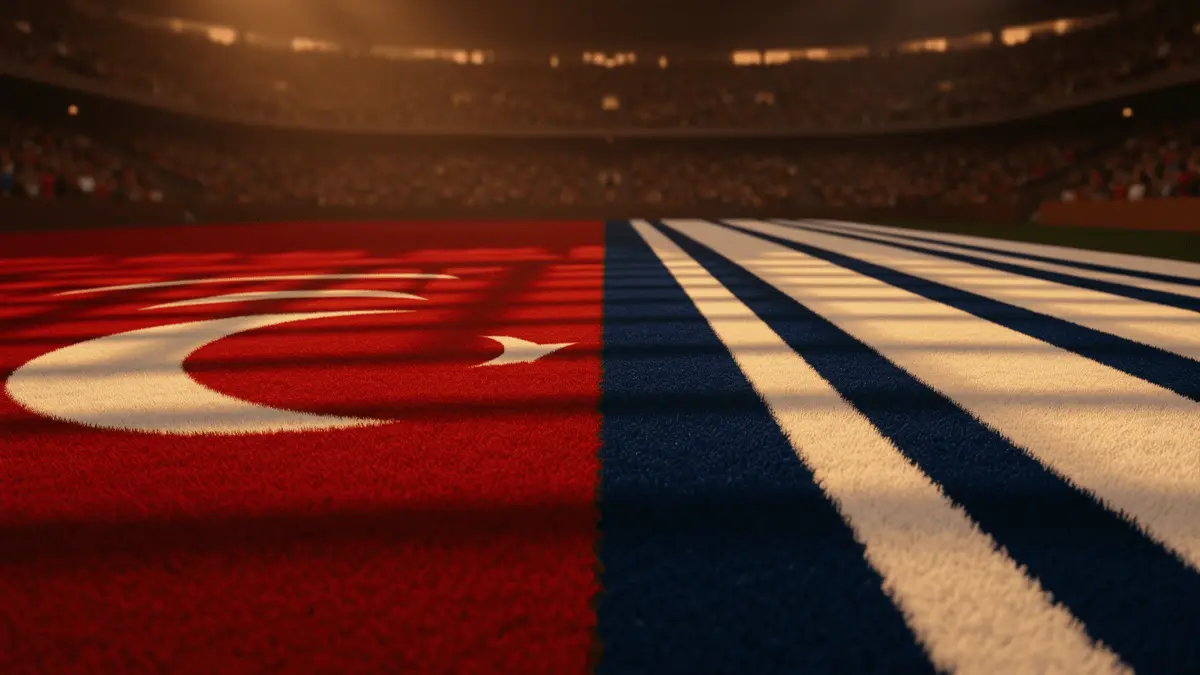 Floodlit stadium pitch divided by Turkish red and US blue colours, golden-hour lighting, packed stands in shadow, dramatic sports photography style.
