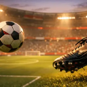 Floodlit football pitch with Turkish national colours, aerial perspective, ball in flight, evening stadium atmosphere.