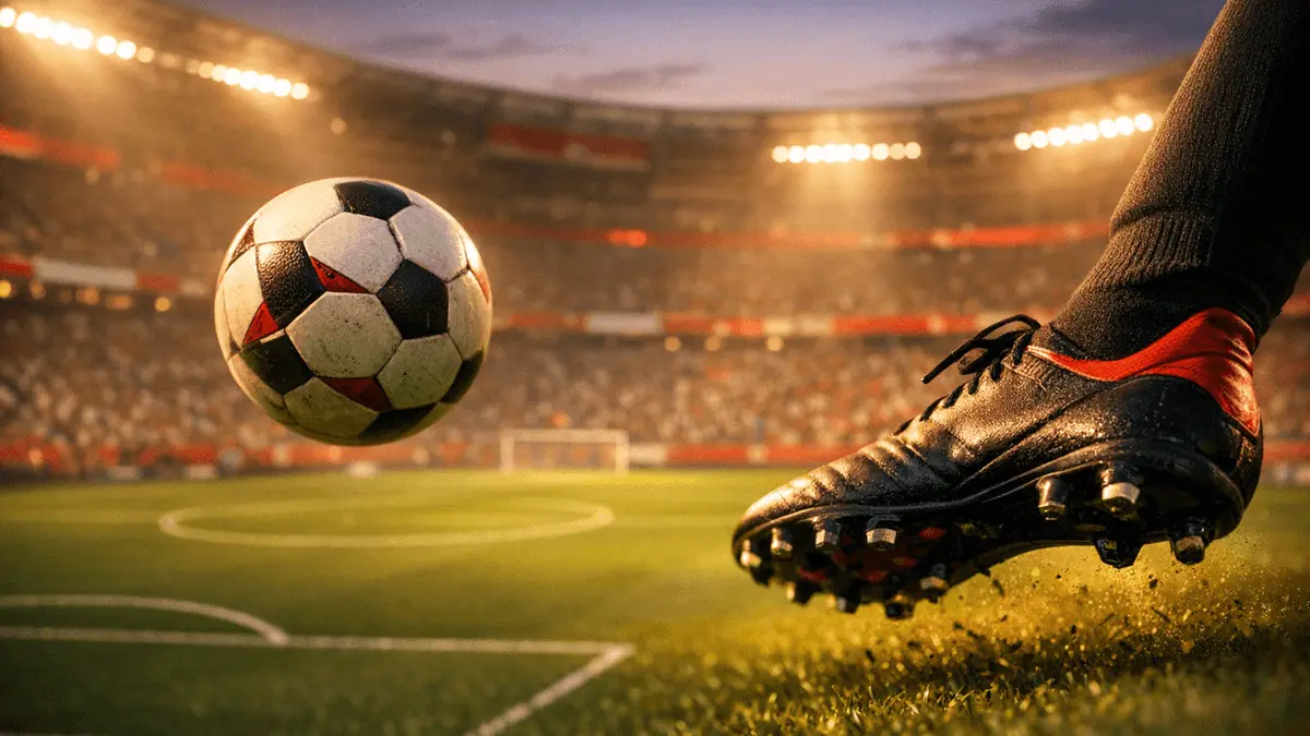 Floodlit football pitch with Turkish national colours, aerial perspective, ball in flight, evening stadium atmosphere.