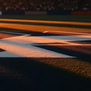 Empty floodlit stadium pitch at golden-hour with shadow patterns and crowd bokeh in background.