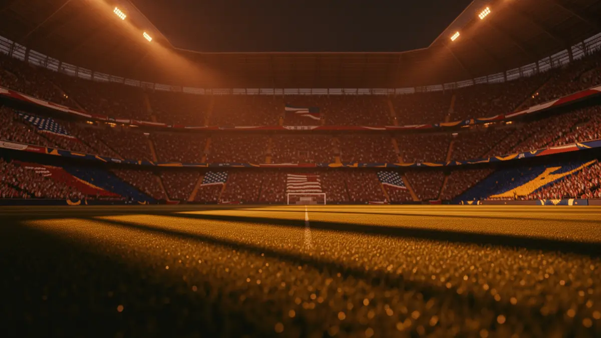 Floodlit stadium at golden-hour with packed stands, dramatic shadows on empty pitch, USA and Bosnia flag colours illuminating crowd.