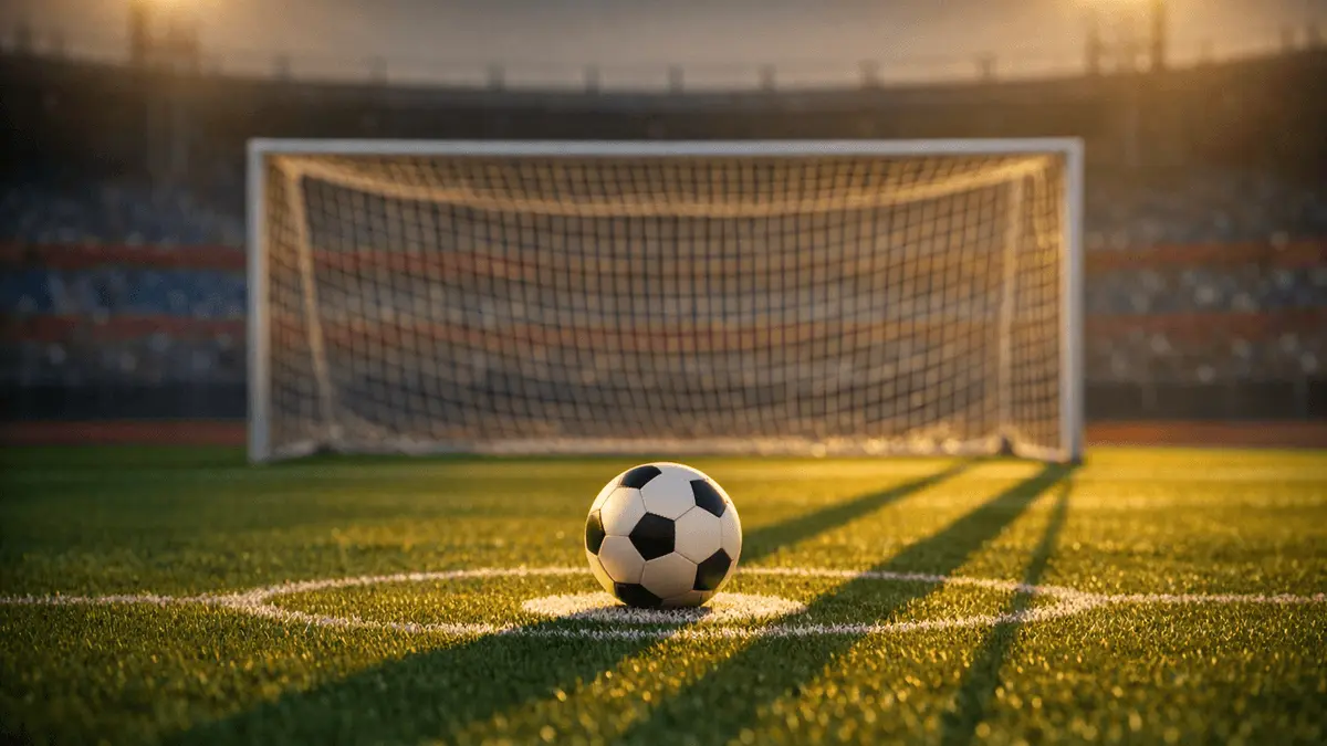 Floodlit football pitch at dusk with ball on penalty spot, dramatic shadows, empty stands with blue and red sections.