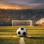 Floodlit football pitch at dusk with ball on centre spot, navy and white stadium stands, dramatic shadows and golden evening light.