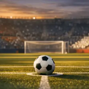 Floodlit football pitch at dusk with ball on centre spot, navy and white stadium stands, dramatic shadows and golden evening light.