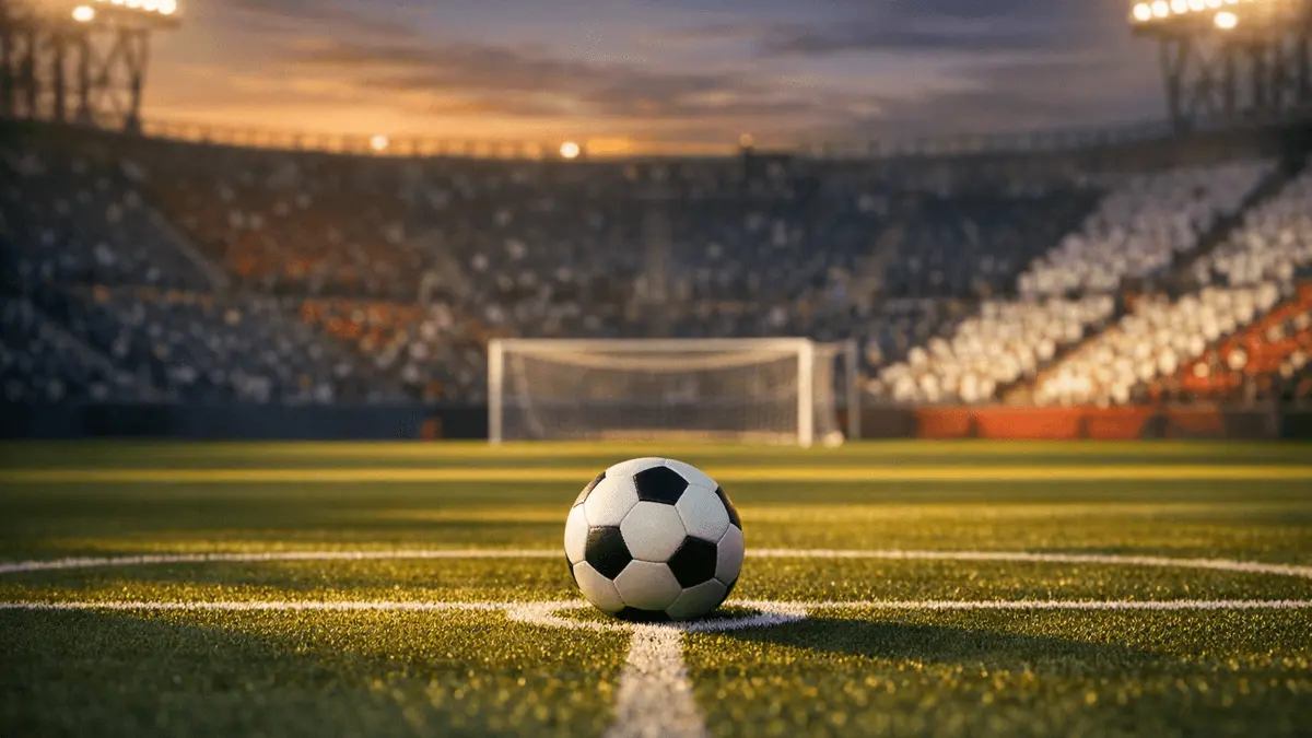 Floodlit football pitch at dusk with ball on centre spot, navy and white stadium stands, dramatic shadows and golden evening light.
