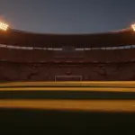 Floodlit stadium at dusk with packed stands, empty pitch, dramatic shadows, golden-hour lighting, cinematic sports photography aesthetic.