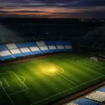 Floodlit football stadium with sky-blue and white stand sections, centre pitch illuminated under spotlight.