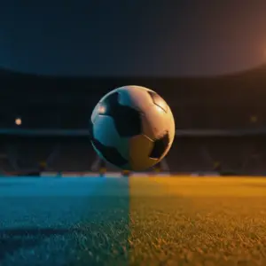 Football match scene with suspended ball under floodlights, split lighting in blue and gold tones, cinematic stadium atmosphere.