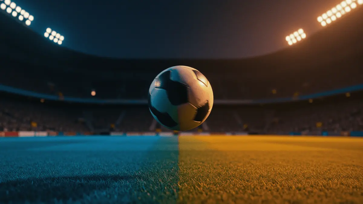 Football match scene with suspended ball under floodlights, split lighting in blue and gold tones, cinematic stadium atmosphere.