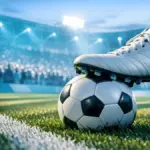 Floodlit football stadium with player's boot striking ball at dusk, Uzbekistan national colours in lighting and turf.