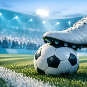 Floodlit football stadium with player's boot striking ball at dusk, Uzbekistan national colours in lighting and turf.