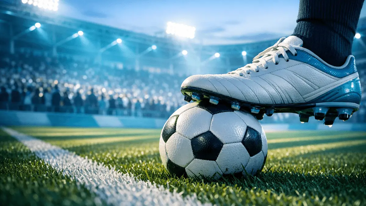 Floodlit football stadium with player's boot striking ball at dusk, Uzbekistan national colours in lighting and turf.