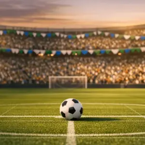 Floodlit stadium with coloured bunting and ball on centre spot, representing World Cup Group B competition.