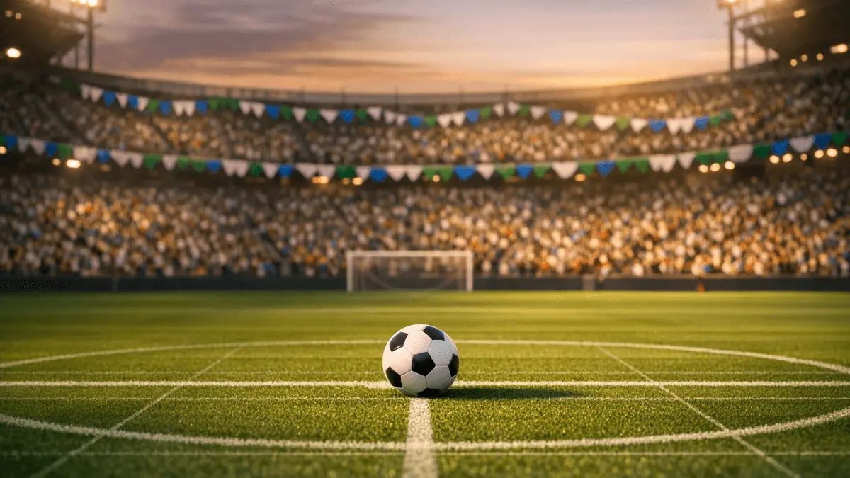 Floodlit stadium with coloured bunting and ball on centre spot, representing World Cup Group B competition.